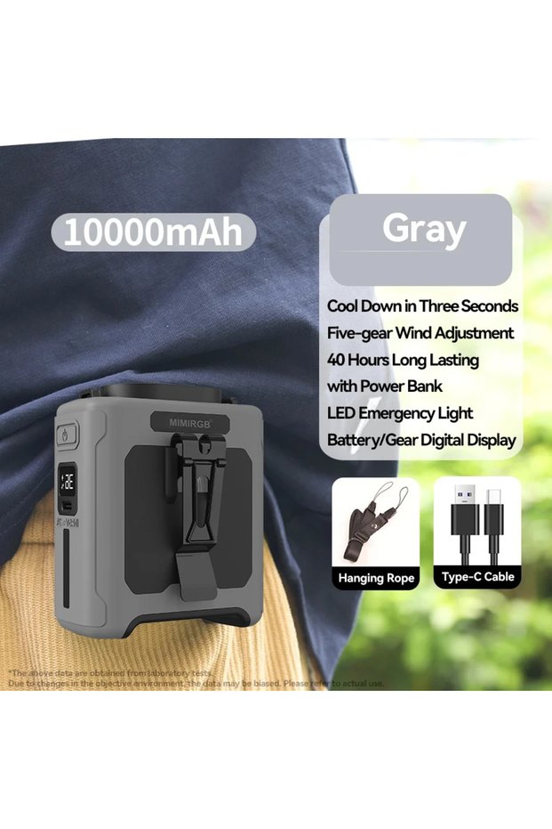 Gray PRO 10000mAh Waist Fan Portable Handheld Hanging Neck Fan Ultra-Strong Wind with Phone Charging