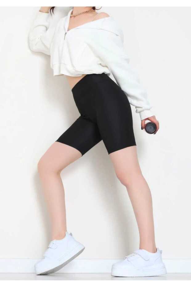 Women's Black Diver Fabric High Waist Biker Leggings Short Leggings Tight Fit Stretchy