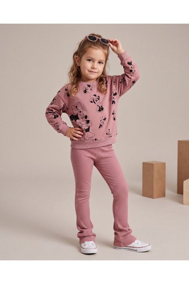 Girl's Mickey Printed Seasonal 7-8-9-10-11 Years Old Leggings Bottom and Top Tracksuit Set