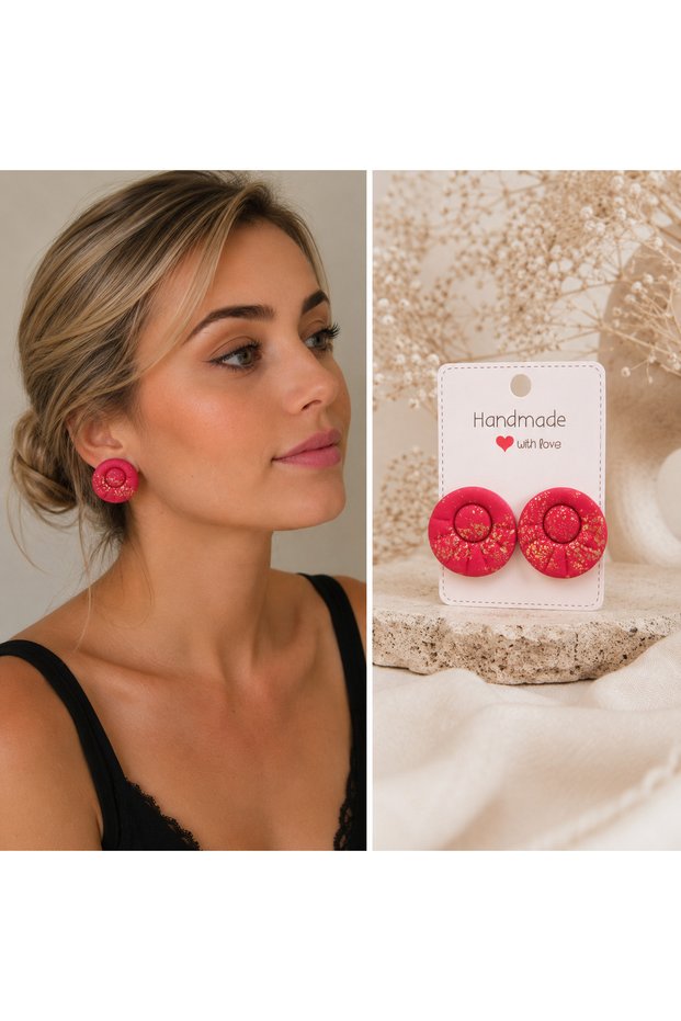 Handmade Fimo Earrings, Red with Gold Leaf, Ruby Bloom