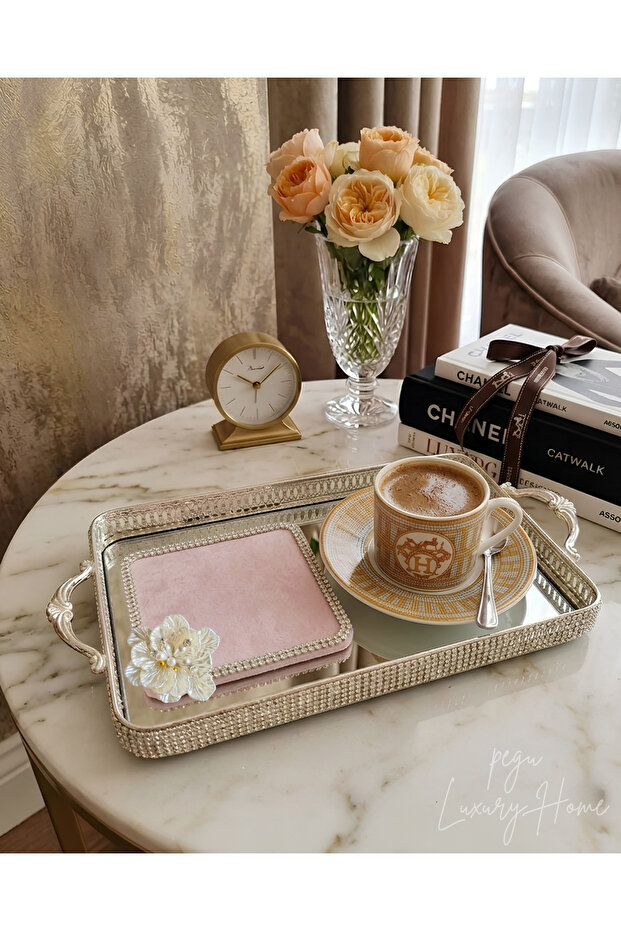 Pink Velvet Textured (Single Layer) Luxury Waterway Stone Brown, Cocktail Presentation Cover, 1 Piece