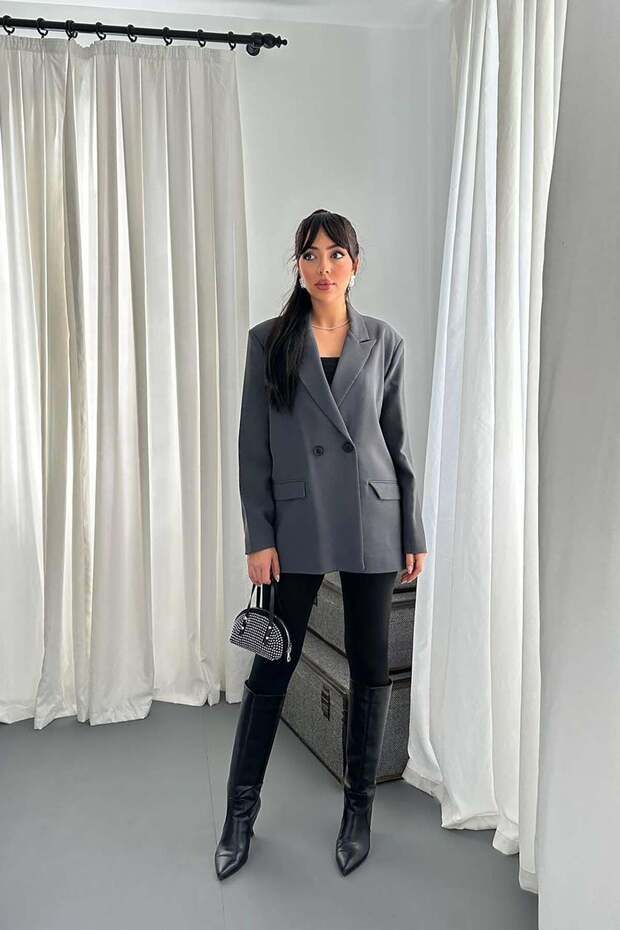 Women's Smoked Double Breasted Blazer Jacket Lapel Long Sleeve Cover Pocket Plain Woven