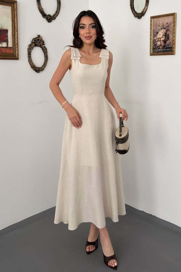 Women's Beige Bow Strap Square Neck Fitted Waist Flared Maxi Dress