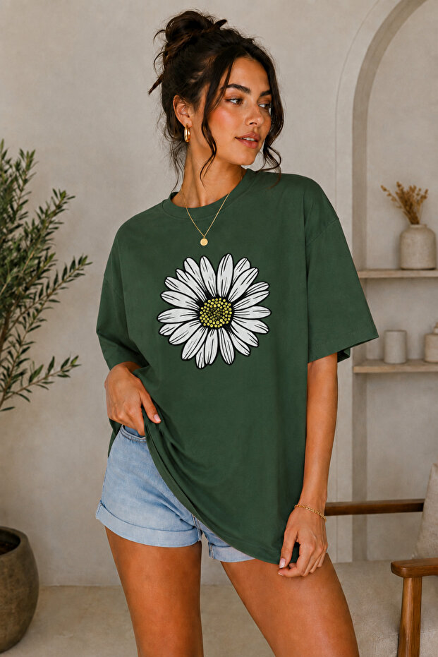 Premium Large Daisy Printed Oversize Women's T-Shirt Cotton Oversize T-Shirt