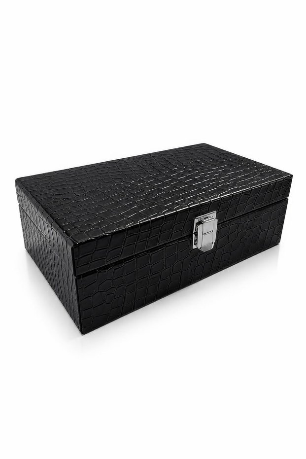 6-Piece Wooden Black Snake Pattern Leather Covered Watch Box with Compartments and Cushions St6-12