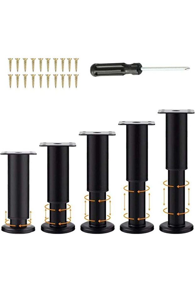 5-piece set of adjustable black furniture legs, 18-30 cm, sofa support legs, includes 20 screws and 1 screwdriver, universal no-drill installation.