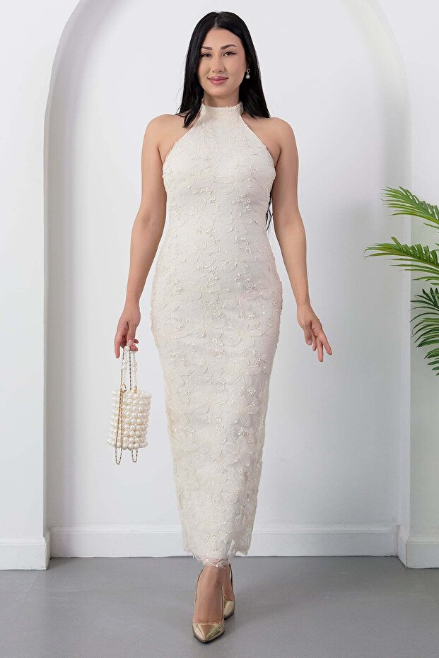 Halter Neck Embroidered Tulle Dress Grs4101