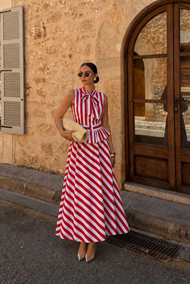 Red Striped Scarf Collar Blouse and Skirt Set 10365