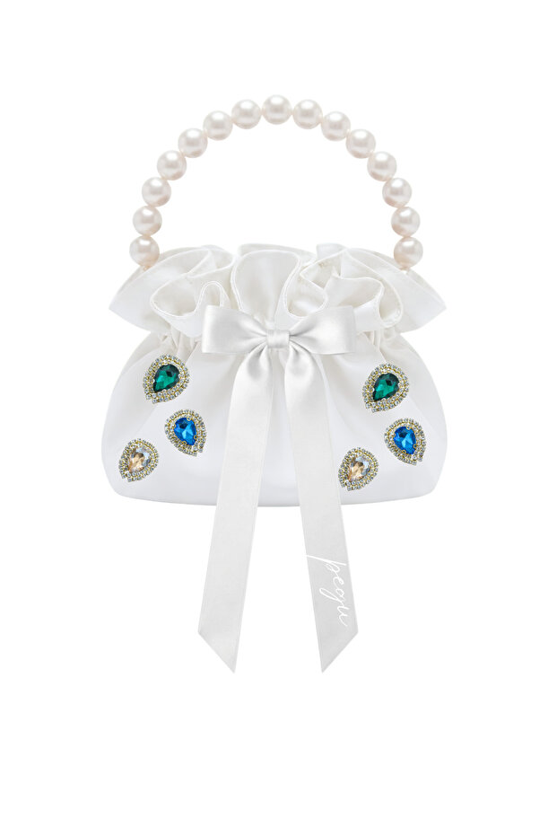 White Cotton Satin Bag, with Crystal Glass Stone Decoration, Pearl Handle, Satin Drawstring, for Daily Use / Evening Dress / Event / Celebration