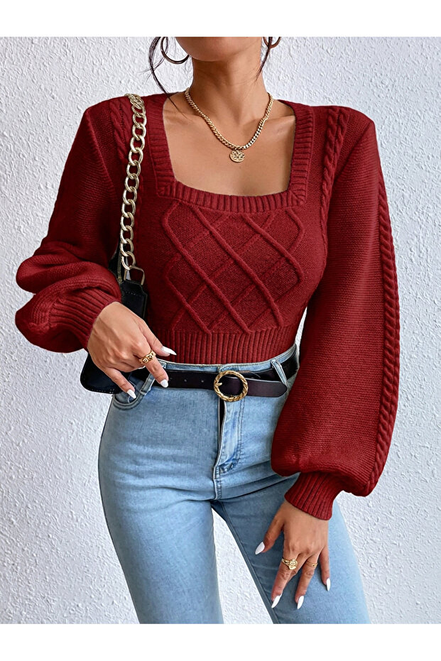 Chest Collar Balloon Sleeve Braided Knitwear Sweater