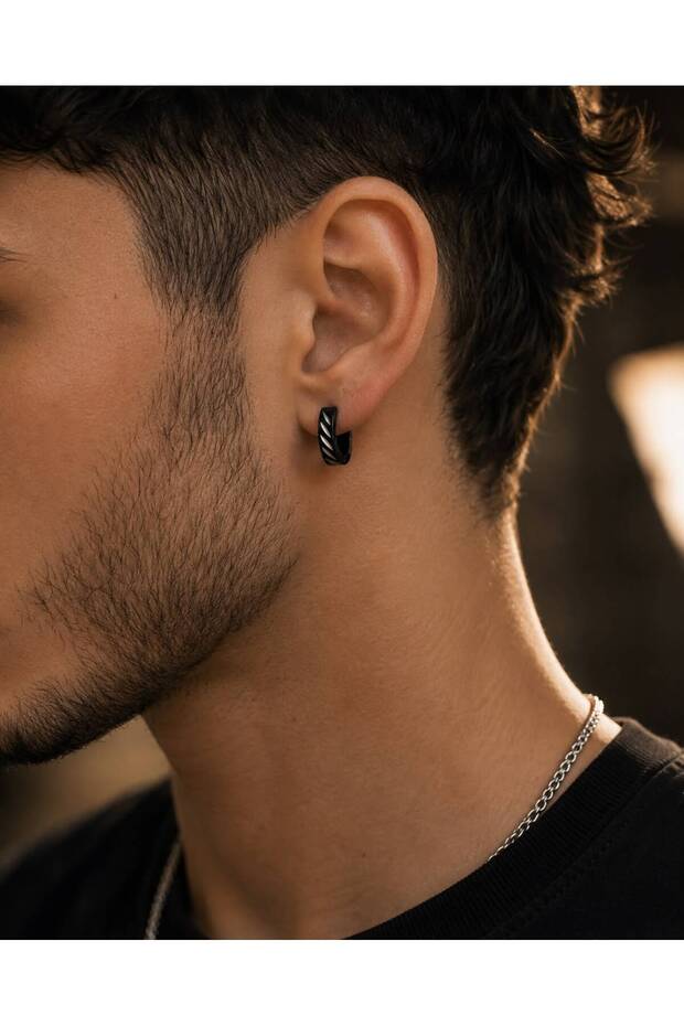 Steel Patterned Black Men's Earrings - Stainless Steel Hoop Earrings
