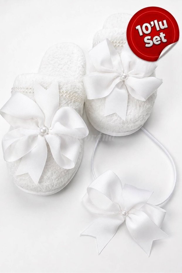 Bowknot and Pearl Maternity Slippers and Crown Set, 10-Piece – for Hospital Discharge, Baby Shower, and Birth Photo Shoots
