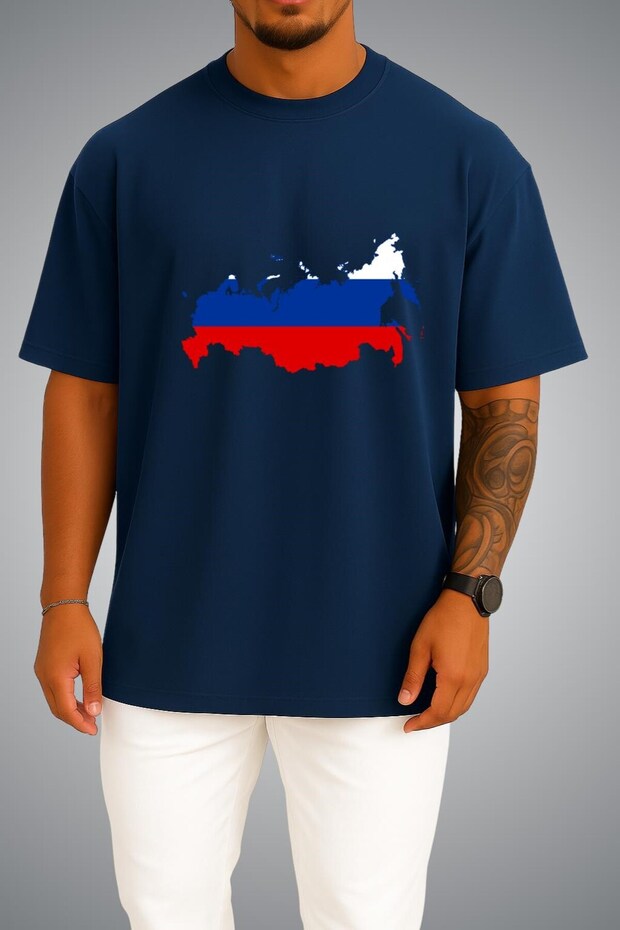 Oversize Russia Flag and Map Chest Printed Unisex T-Shirt