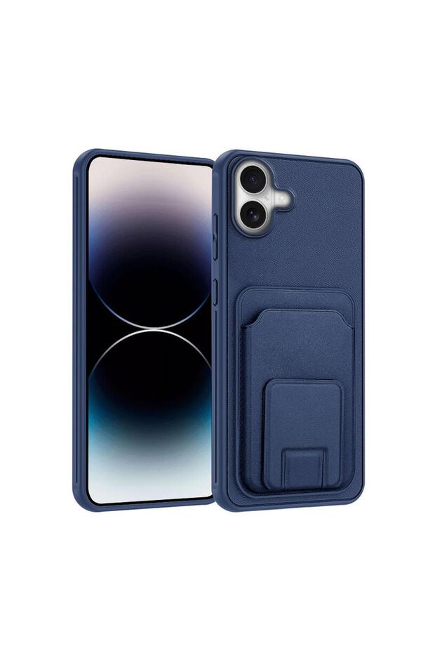 Apple iPhone 16 Compatible Case with Stand and Card Holder Silicone Case Navy Blue