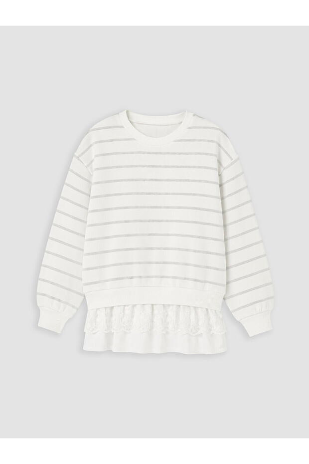 Lcw Kids Ecru Crew Neck Ruffled Girls' Sweatshirt