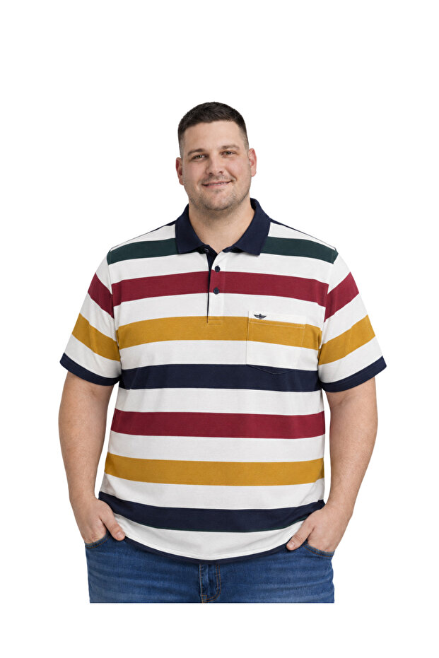 Men's Large Size White Thick Striped Pique T-Shirt 3Xl-4Xl-5Xl-6Xl