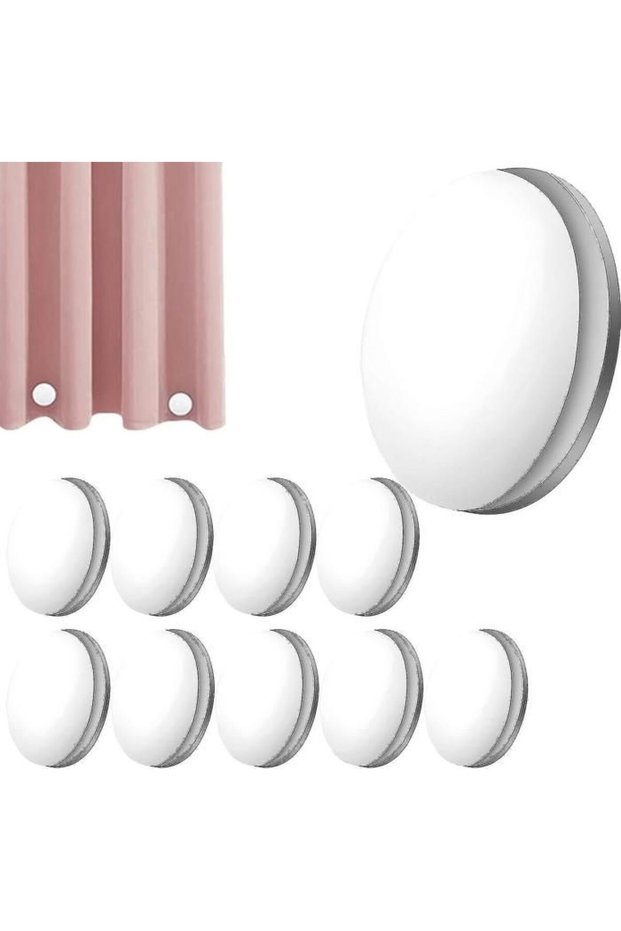 A set of 10 powerful magnetic shower curtain counterweights, round in shape, to prevent the shower curtain lining from being blown away.
