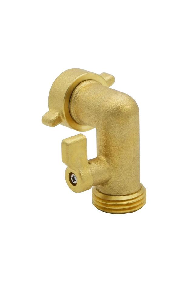 Heavy-duty brass shut-off valve, garden hose elbow connector, 3/4" FHT x 3/4" MHT, 6-point with valve elbow fitting
