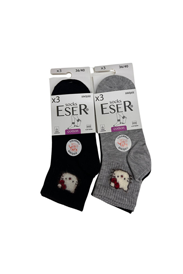 Women's 6 Pairs Cotton Booties Socks Seamless Hello Kity Patterned Black Gray