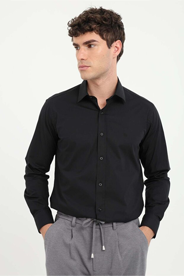 Men's Slim Fit Long Sleeve Black Shirt