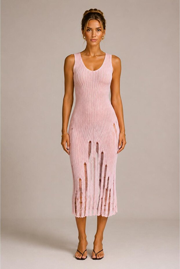 Openwork V-Neck Knitwear Long Dress