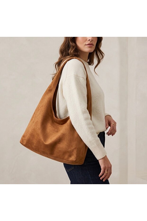 Women's Tan Brown Suede Shoulder Bag Multi-Compartment Large Size Casual Hobo Bag