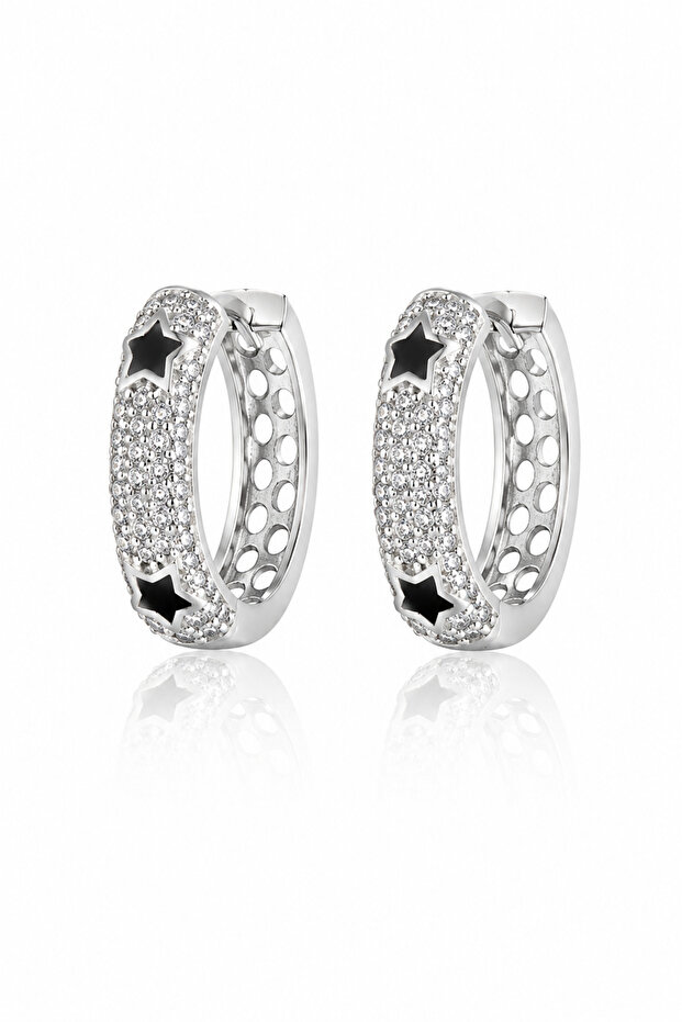 Star Detailed Zircon Stone Silver Hoop Earrings