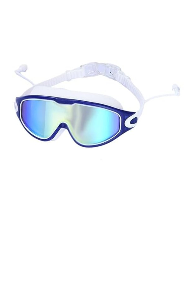 Large-Frame Electroplated Swimming Goggles 180 Wide Angle HD Waterproof Anti-Fog Unisex Earplugs Silicone Adult Dark Blue