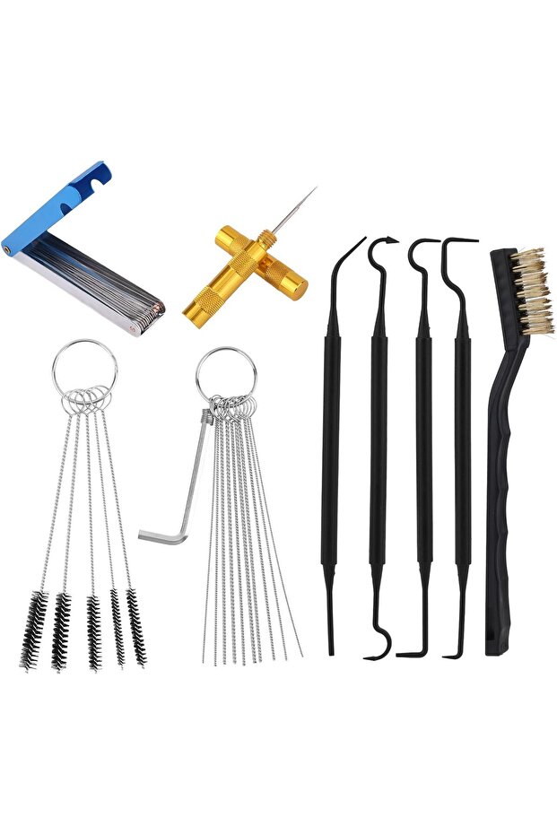 Carburetor cleaning kit with 23 needles, 5 nylon brushes, 4 hooks, and single-head brush