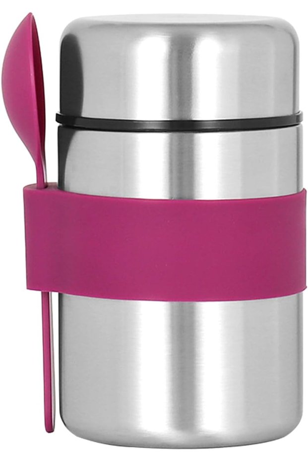 Insulated food flask, stainless steel soup bottle, with spoon, suitable for carrying lunch and dinner food (purple).