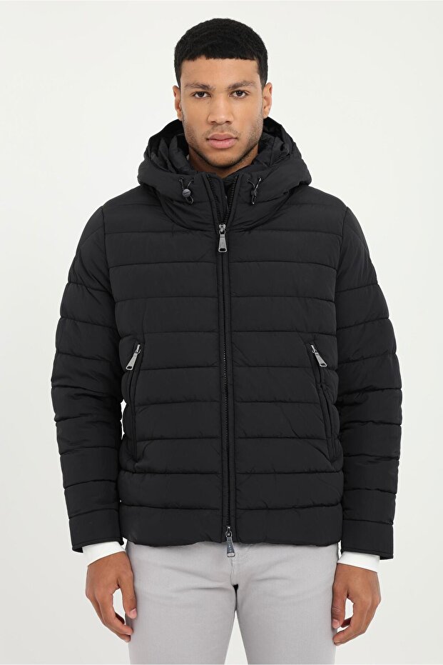 Men's Slim Fit Hooded Black Coat