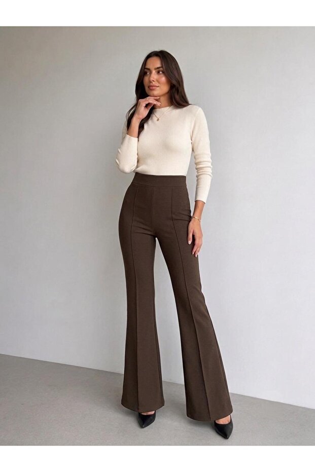 Women's Black High Waist Ribbed Stitched Spanish Flare Scuba Crepe Gathering Trousers
