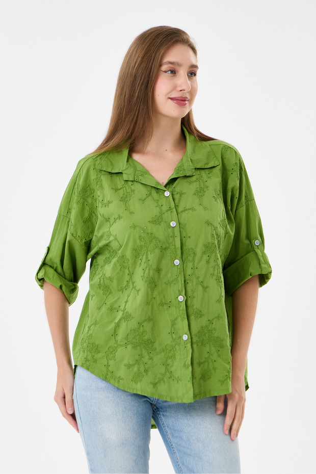 Women's Green Italian Floral Embroidered Scalloped Fold-Over Long Sleeve Oversize Poplin Shirt Size 40 - 44