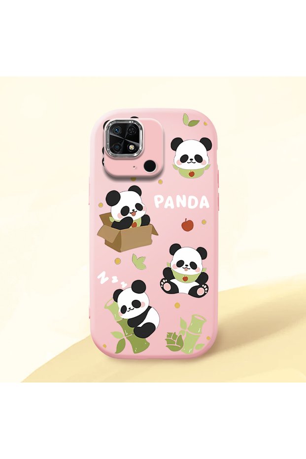 Redmi 10C Compatible Case Camera Protector Pink Silicone Couple Phone Case Panda Pattern