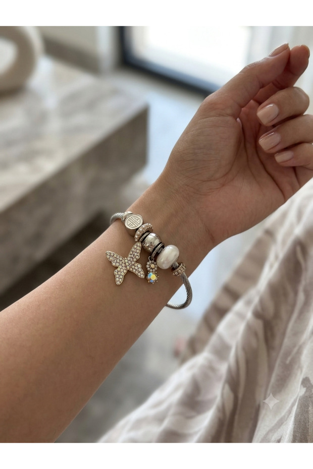 Women's Silver Steel Charm Bracelet with Sparkling Butterfly Figure and Stone Detail Cuff Bracelet