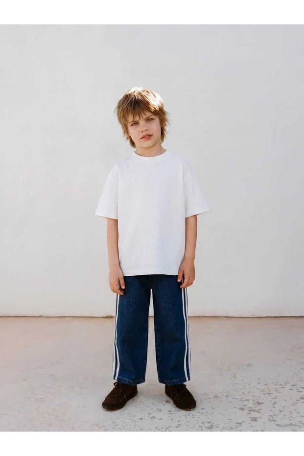 Boy's Pants White Striped Navy Blue Ribbed Jeans