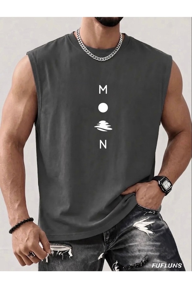 Moon Printed Men's Regular Fit Crew Neck Sports Sleeveless T-Shirt