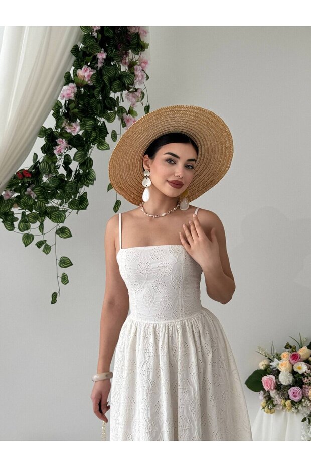 Women's Beige Midi Dress with Thin Straps, Square Neckline, Embroidered Pattern, Gathered Skirt