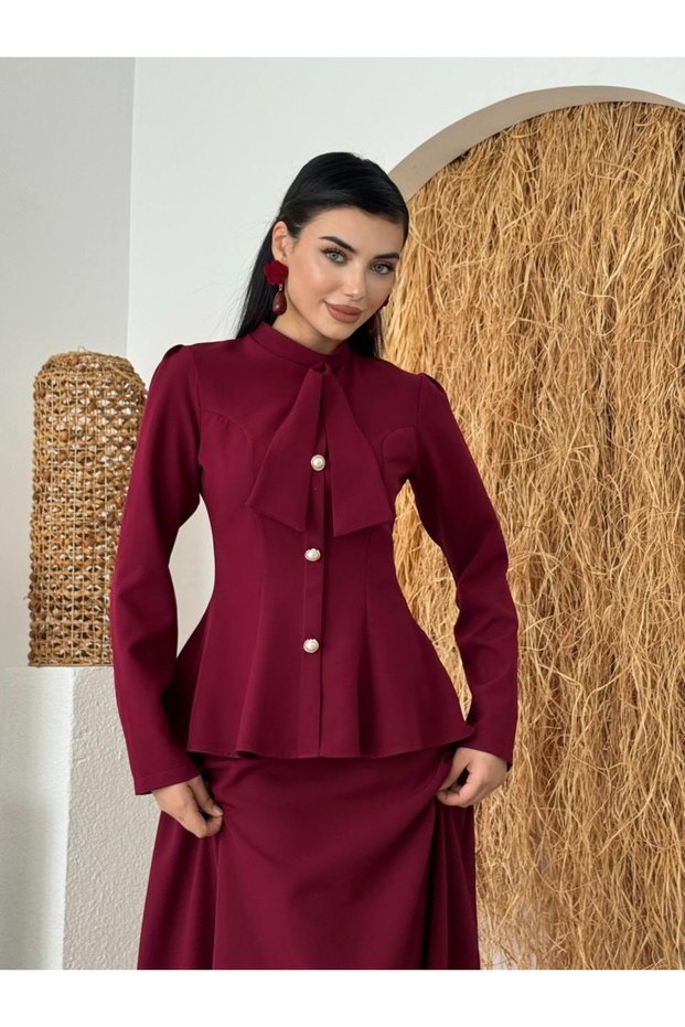 Women's Burgundy Skirt Suit with Stand Collar, Scarf Detail, Buttoned Long Sleeve Maxi