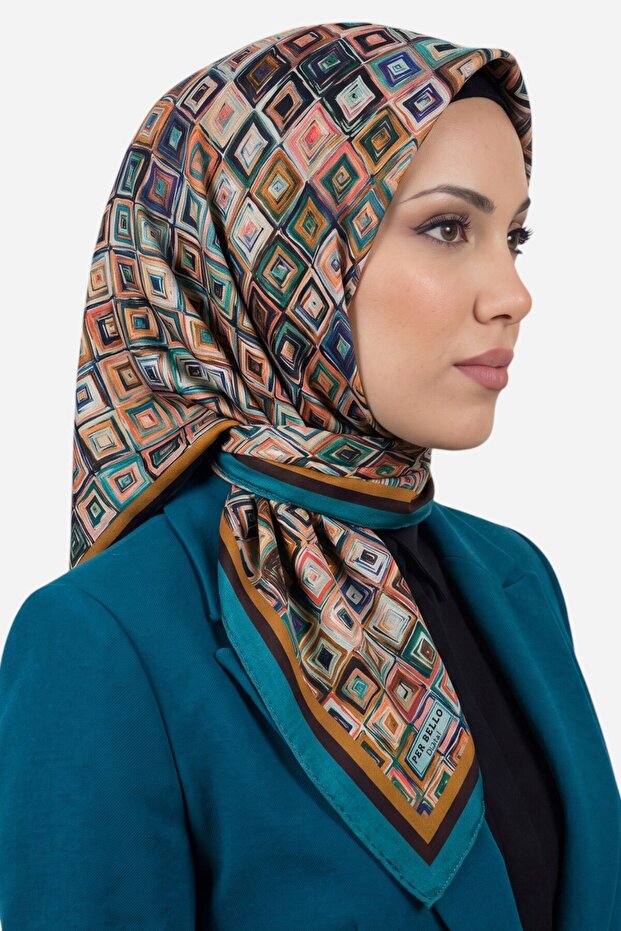 Women's Petrol Green Geometric Patterned Stitched Writing Cotton Casual Scarf