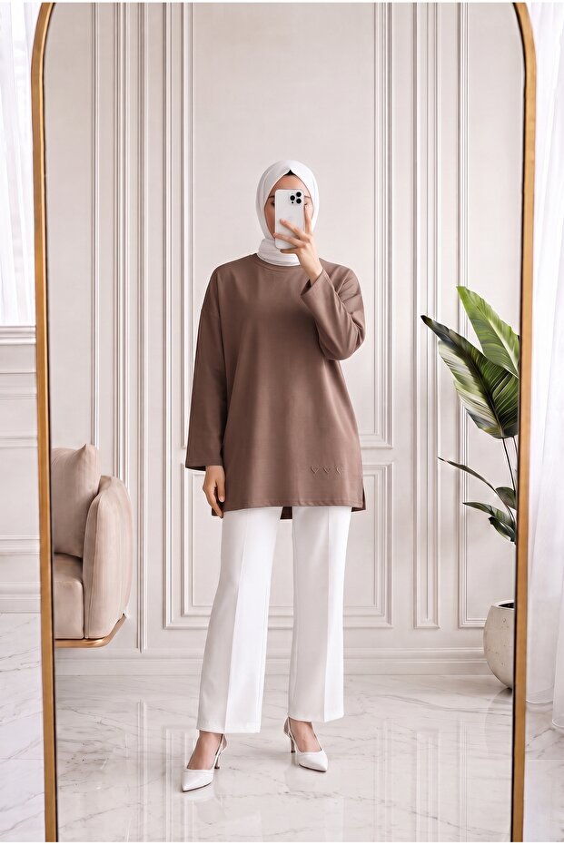 Mahay Heart Embroidered Slit Tunic-Ss13074 Brown