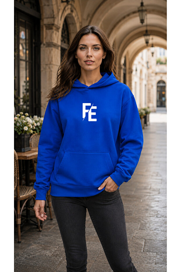 Women's F and E Letter Printed Hooded Casual Basic Sweatshirt with Kangaroo Pocket