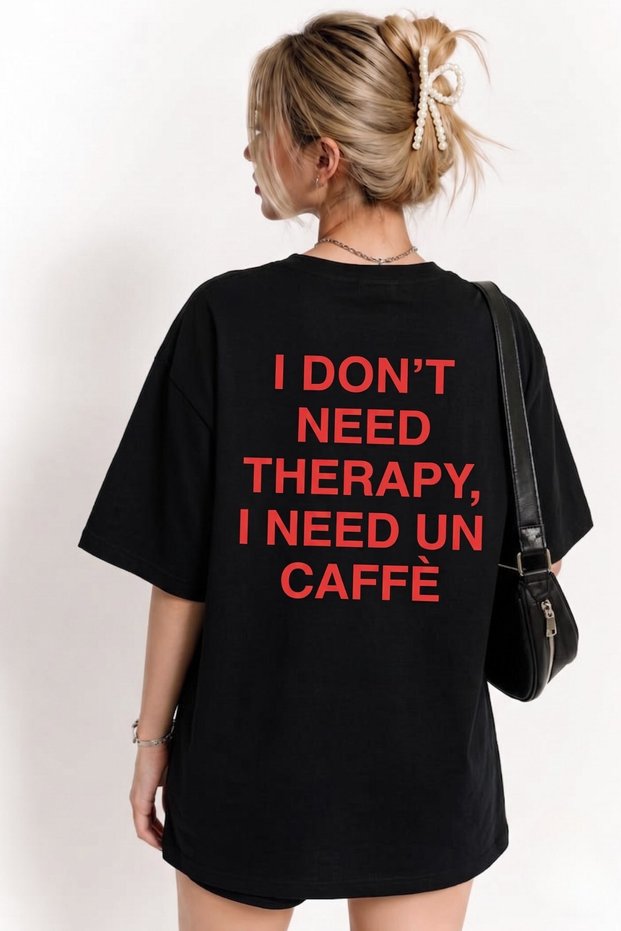 Women's Oversize T-Shirt Caffè Therapy Printed Black – Crew Neck, Comfortable Fit, 100% Cotton