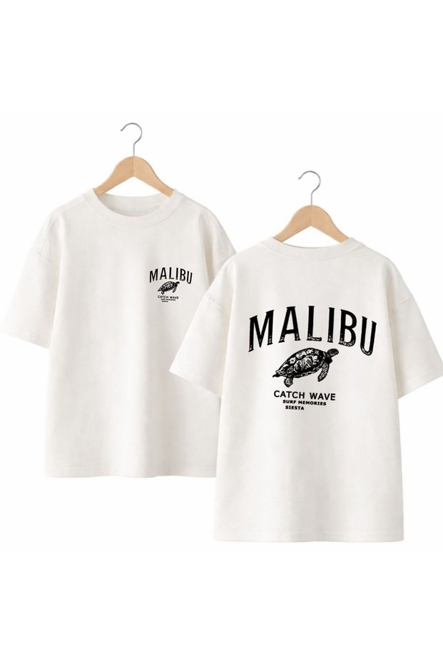 Malibu Karetta Printed on the Back and Front Chest, 100% Cotton Oversize Loose Regular Fit Crew Neck T-Shirt
