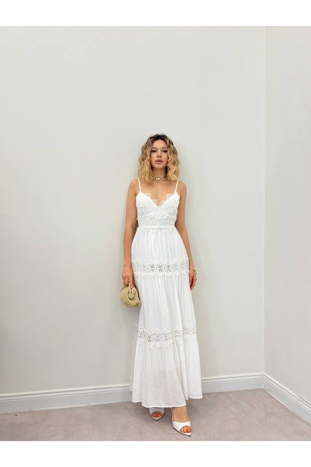 Women's White Maxi Length Thin Strap V-Neck Layered Dress with Lace Detail