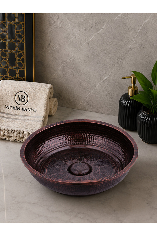 Copper Antique Embossed Patterned Ottoman Bath Bowl 20 cm Kurna Bowl Decorative Bathroom Accessory