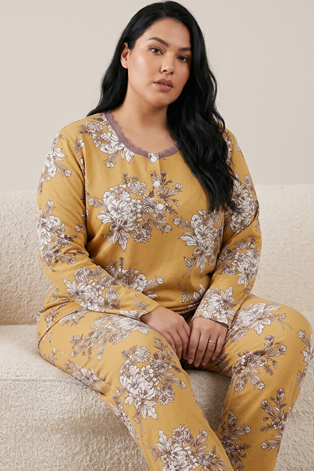 Mustard Patterned Buttoned Cotton Lycra Large Size Oversized Knitted Pajama Set26240949