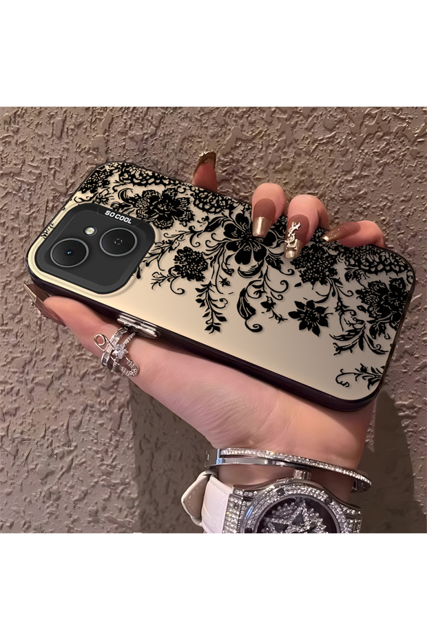 Elegant Black Lace Flower Pattern Case for Tecno Spark 40C Compatible High-Quality Matte Phone Cover