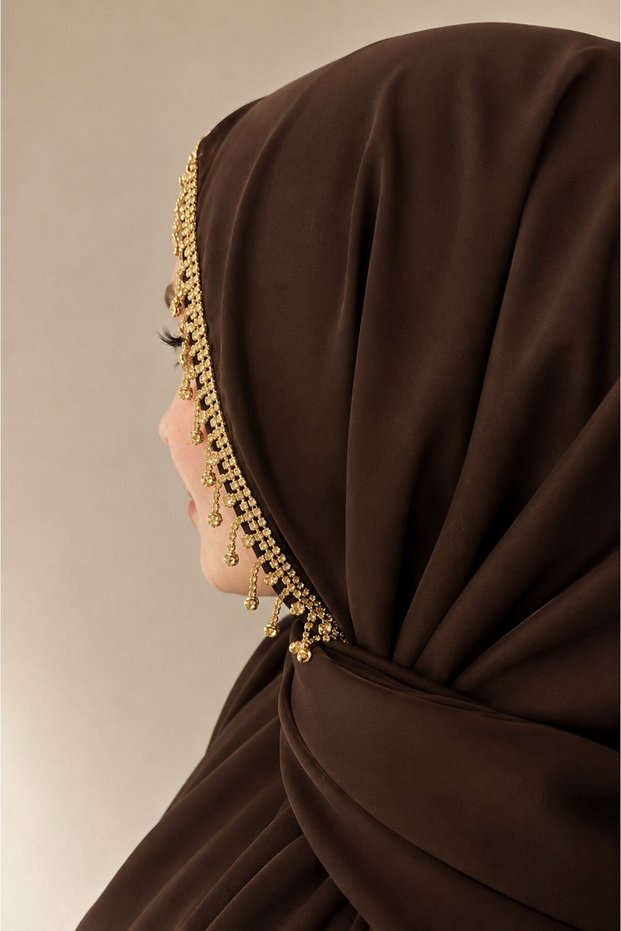 Designed Evening Dress with Gold Color Stripes and Stones Around the Shawl - Dark Brown