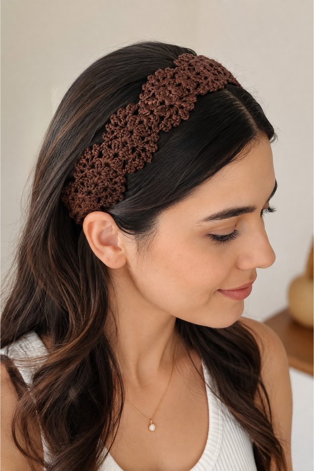 Brown Knitted Hair Band Adjustable Bohemian Bandana Women's Hair Accessory